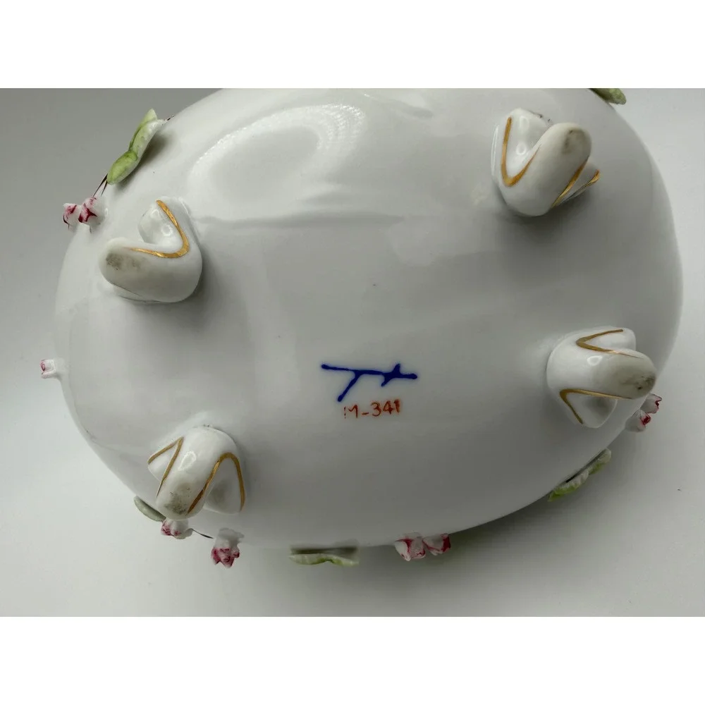Antique German Kalk Porcelain Footed Bonbon Basket Applied Flowers M-341 5.25